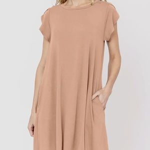 Tulip Sleeve Camel Color Dress w/ Pockets